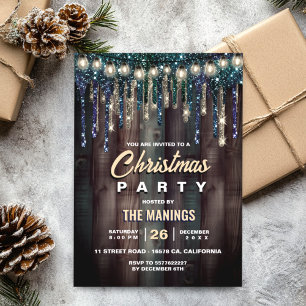 Rustic Country Christmas Holiday Blue glitter drip Invitation