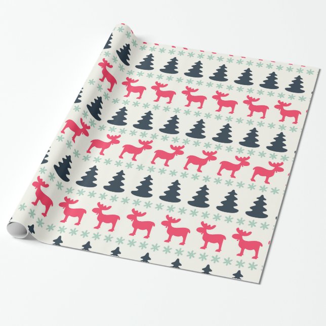 Rustic Country Christmas Holiday Moose & Tree Wrapping Paper (Unrolled)