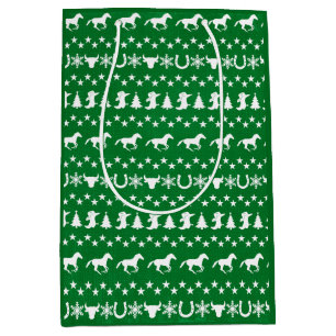 Rustic Country Christmas Horse Pattern Green Medium Gift Bag