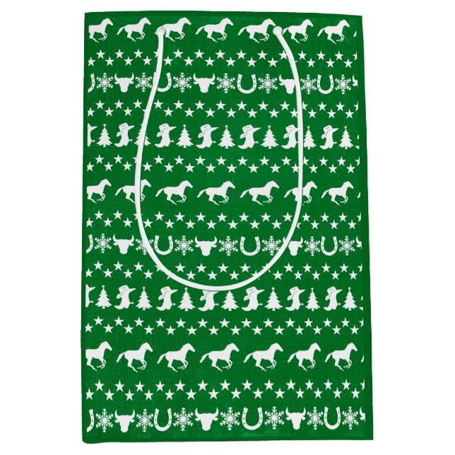 Rustic Country Christmas Horse Pattern Green Medium Gift Bag (Front)