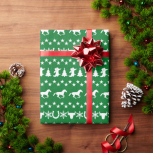 Rustic Country Christmas Horse Pattern Green Wrapping Paper