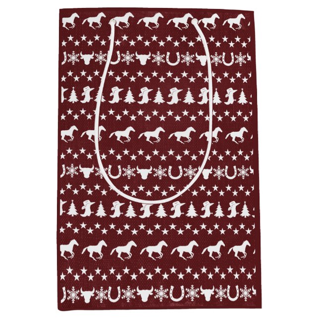 Rustic Country Christmas Horse Pattern Red Medium Gift Bag (Front)