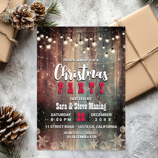 Rustic Country Christmas lights snowflakes Party Invitation (Creator Uploaded)