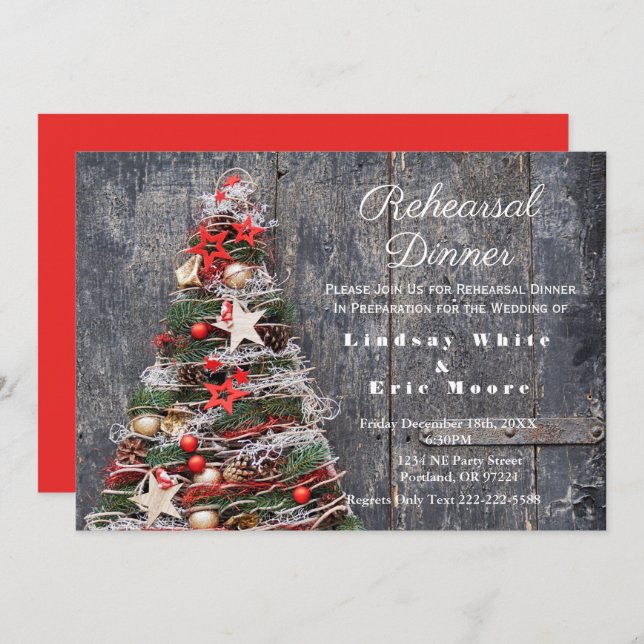 Rustic Country Christmas Tree Rehearsal Dinner Invitation (Front/Back)