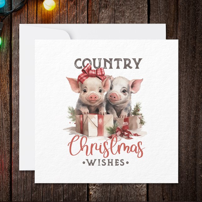 Rustic Country Christmas Wishes Cute Pig Holiday Card (Creator Uploaded)