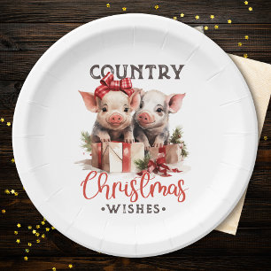 Rustic Country Christmas Wishes Cute Pig Paper Plate