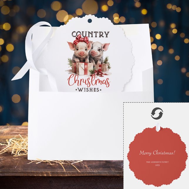 Rustic Country Christmas Wishes Cute Pig Tree Decoration Card (Creator Uploaded)