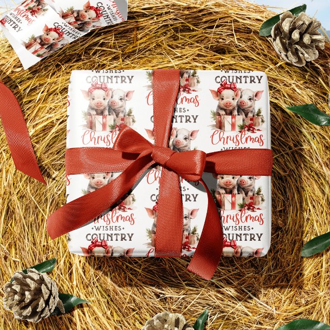 Rustic Country Christmas Wishes Cute Pig Wrapping Paper (Creator Uploaded)