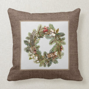 Rustic Country Christmas wreath Holiday Cushion