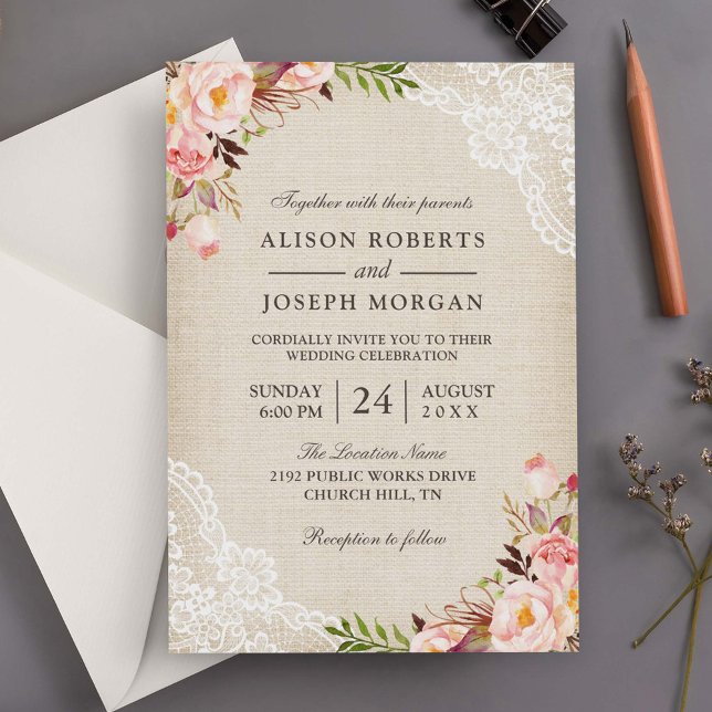 Rustic Country Classy Floral Lace Burlap Wedding Invitation (Creator Uploaded)