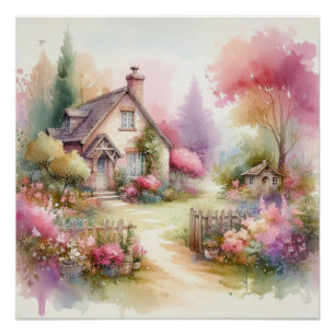 Rustic country cottage floral scenery watercolor poster