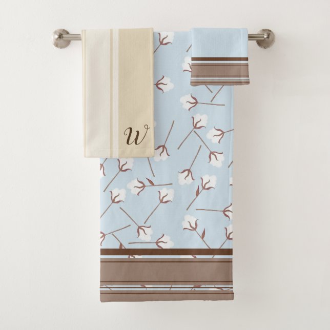 Rustic Country Cotton Flowers & Initial Letter Bath Towel Set (Insitu)