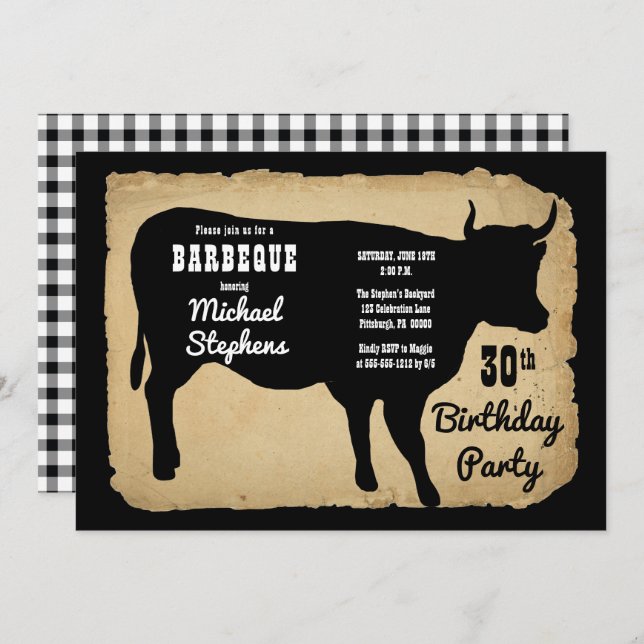 Rustic Country Cow 30th Birthday Party Barbeque Invitation (Front/Back)