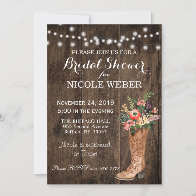 Rustic Country Cowboy Boot Bridal Shower Invite (Front)