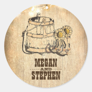 Rustic Country Cowboy Boots Barn Lights Wedding Classic Round Sticker