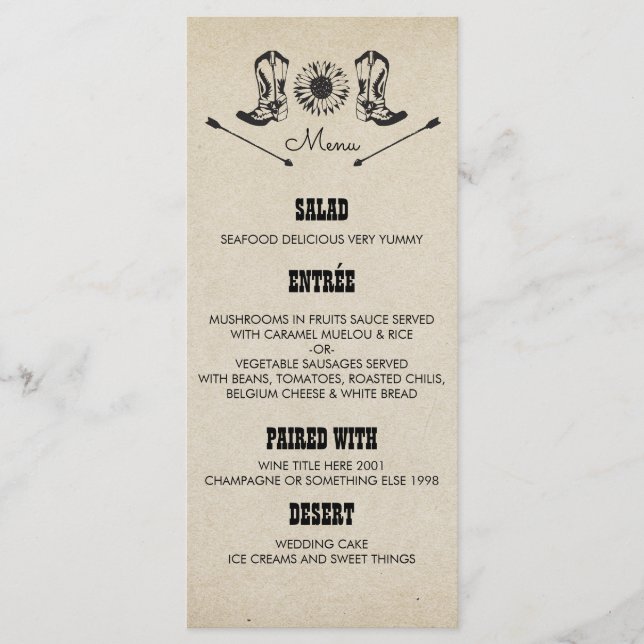 Rustic Country Cowboy Boots Wedding Menu Cards (Front)
