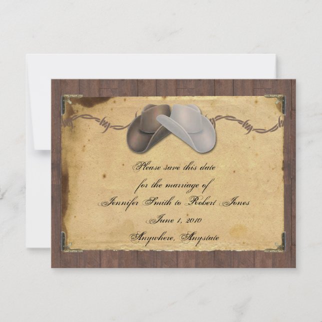 Rustic Country Cowboy Hats Barbed Save the Date (Front)