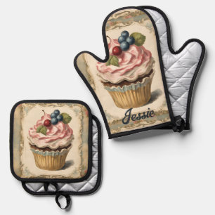 Rustic Country Cupcake Baker Cooking Chef Baking Oven Mitt & Pot Holder Set