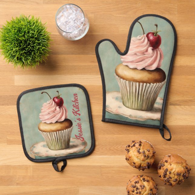 Rustic Country Cupcake Baker Cooking Chef Baking Oven Mitt & Pot Holder Set (Top Down)