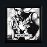 Rustic country custom Name western cowboy keepsake Gift Box<br><div class="desc">Rustic country custom Name western cowboy keepsake gift box. Personalised name western cowboy cool wooden trinket, jewellery gift box. Beautiful keepsake wooden box with original fine art charcoal drawing of a handsome masculine cowboy, printed on the lid of the wooden keepsake box. Click Personalise this template to customise the name...</div>