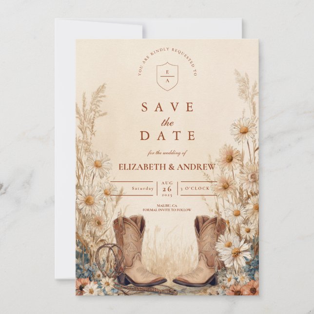 Rustic Country Daisy Boots Wedding Save The Date (Front)