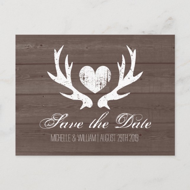 Rustic country deer antler save the date postcards (Front)