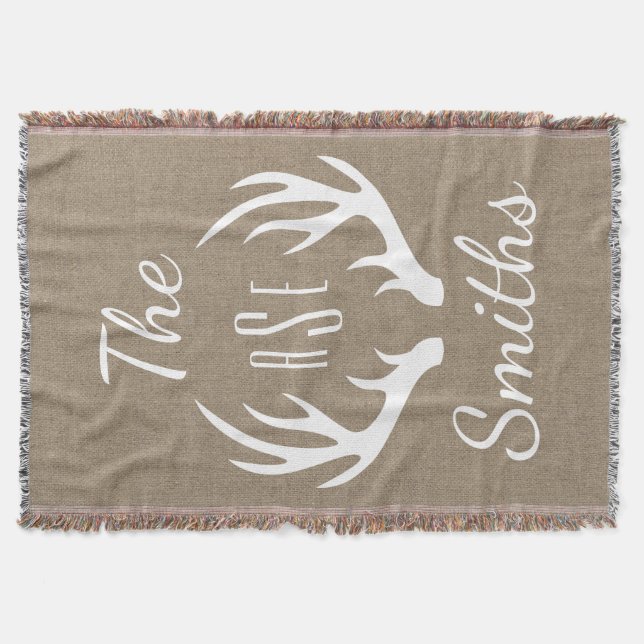 Rustic Country Deer Antlers - Family Name Monogram Throw Blanket (Front)