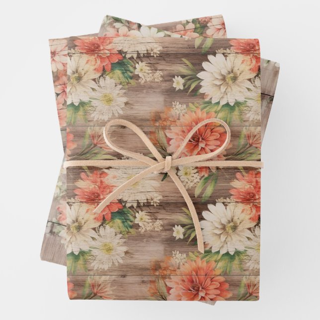 Rustic Country Distressed Wood Cream Peach Florals Wrapping Paper Sheet (In situ)