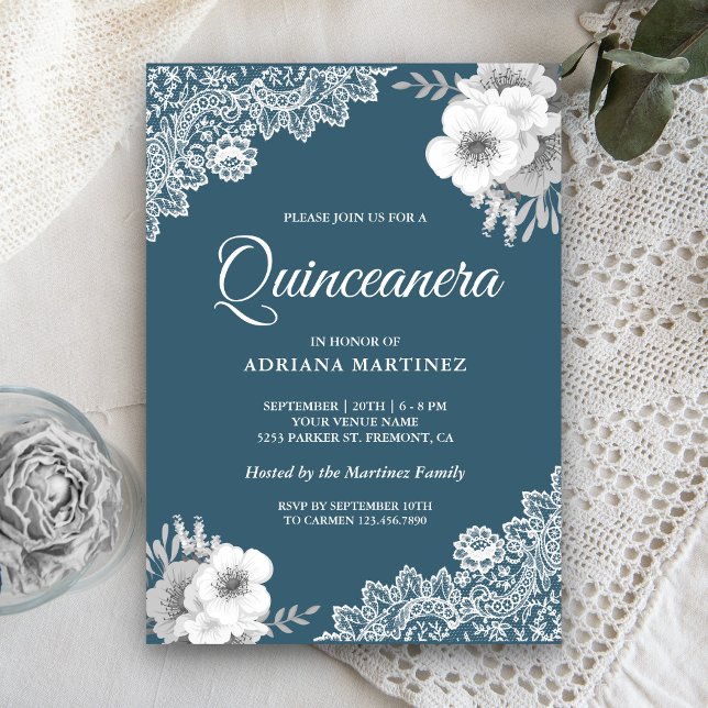 Rustic Country Dusty Blue Floral Lace Quinceanera Invitation (Creator Uploaded)