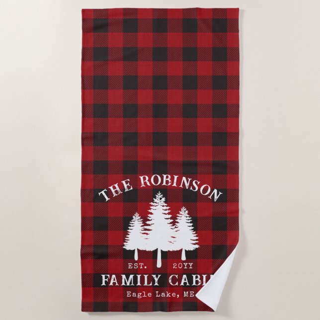 Rustic Country Family Cabin Tree Red Buffalo Plaid Beach Towel (Front)