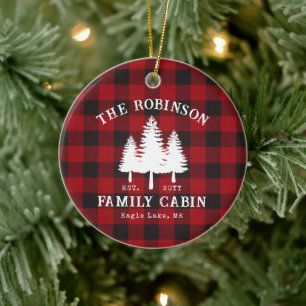 Rustic Country Family Cabin Tree Red Buffalo Plaid Ceramic Ornament