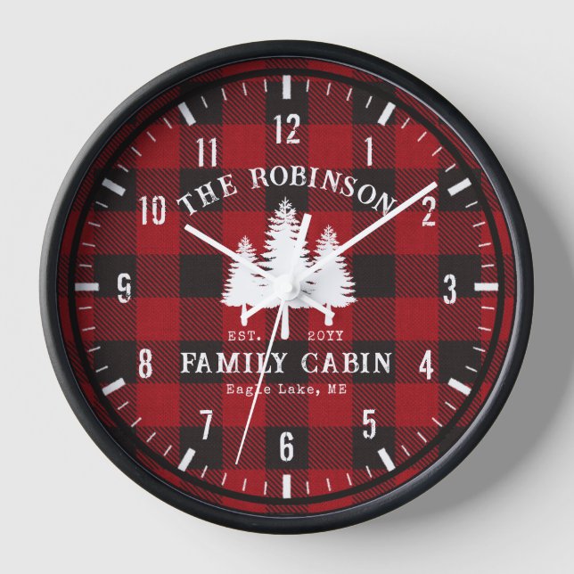 Rustic Country Family Cabin Tree Red Buffalo Plaid Clock (Front)