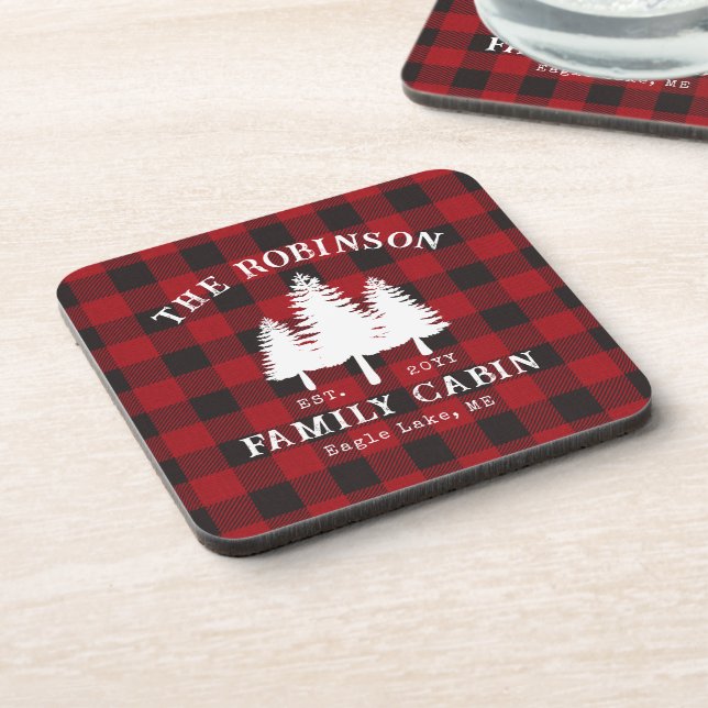 Rustic Country Family Cabin Tree Red Buffalo Plaid Coaster (Left Side)
