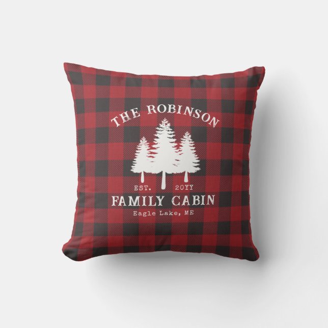Rustic Country Family Cabin Tree Red Buffalo Plaid Cushion (Front)