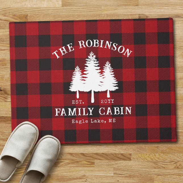 Rustic Country Family Cabin Tree Red Buffalo Plaid Doormat (Creator Uploaded)