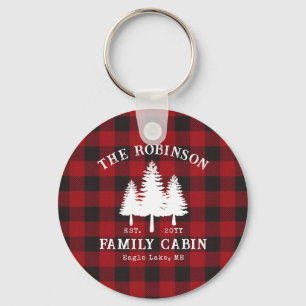 Rustic Country Family Cabin Tree Red Buffalo Plaid Key Ring