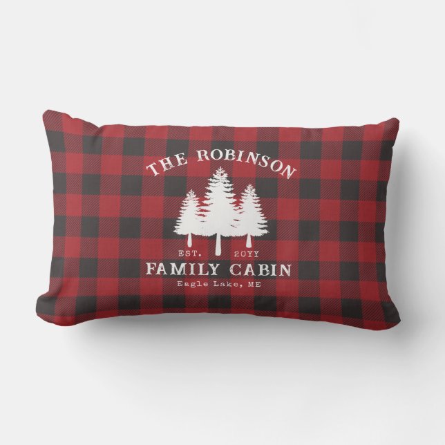 Rustic Country Family Cabin Tree Red Buffalo Plaid Lumbar Cushion (Front)