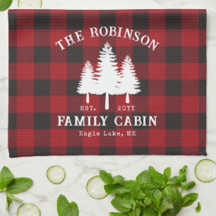 Rustic Country Family Cabin Tree Red Buffalo Plaid Tea Towel