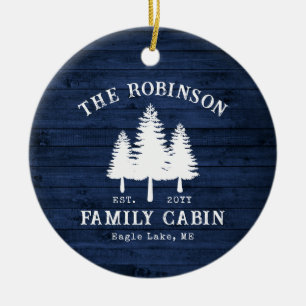 Rustic Country Family Cabin Trees Blue Wood Print Ceramic Ornament