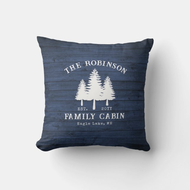 Rustic Country Family Cabin Trees Blue Wood Print Cushion (Front)
