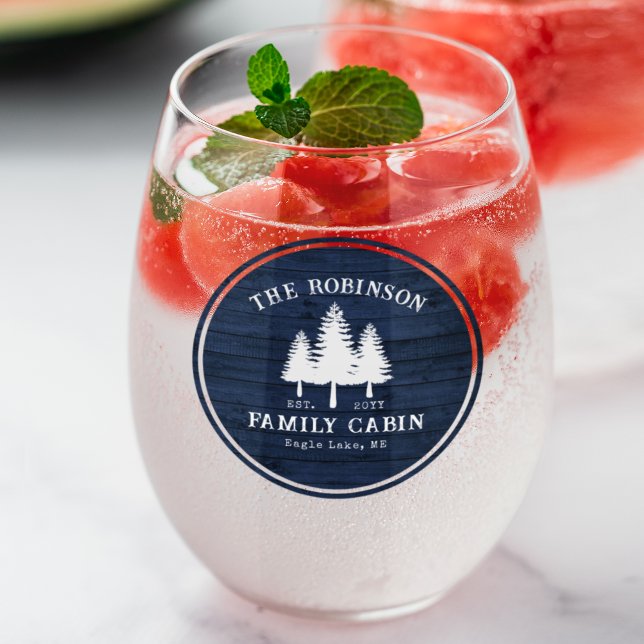 Rustic Country Family Cabin Trees Blue Wood Print Stemless Wine Glass (Creator Uploaded)