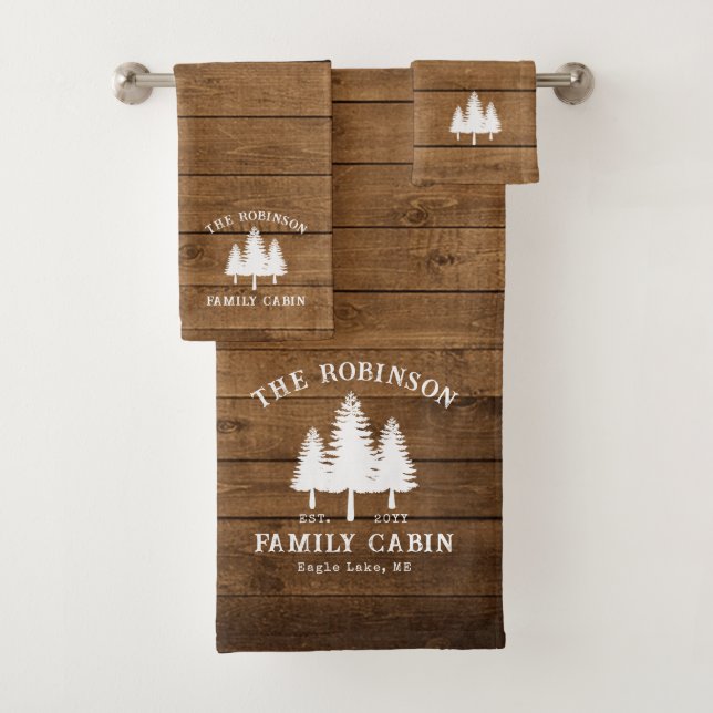 Rustic Country Family Cabin Trees Wood Plank Print Bath Towel Set (Insitu)