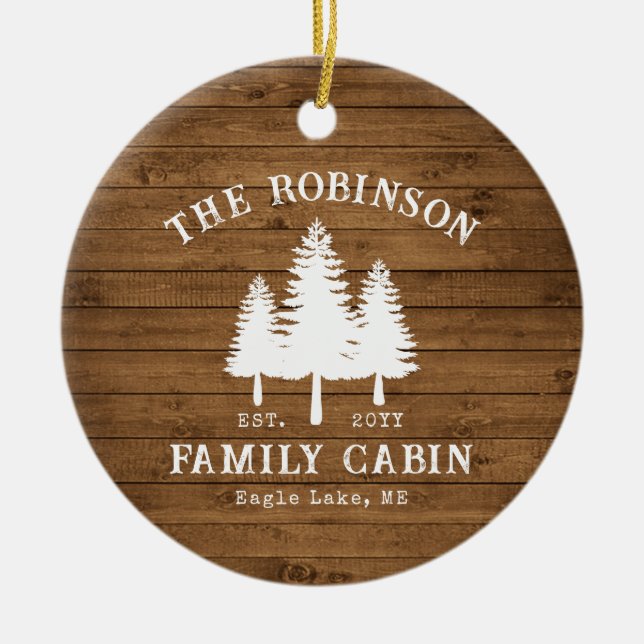Rustic Country Family Cabin Trees Wood Plank Print Ceramic Ornament (Front)