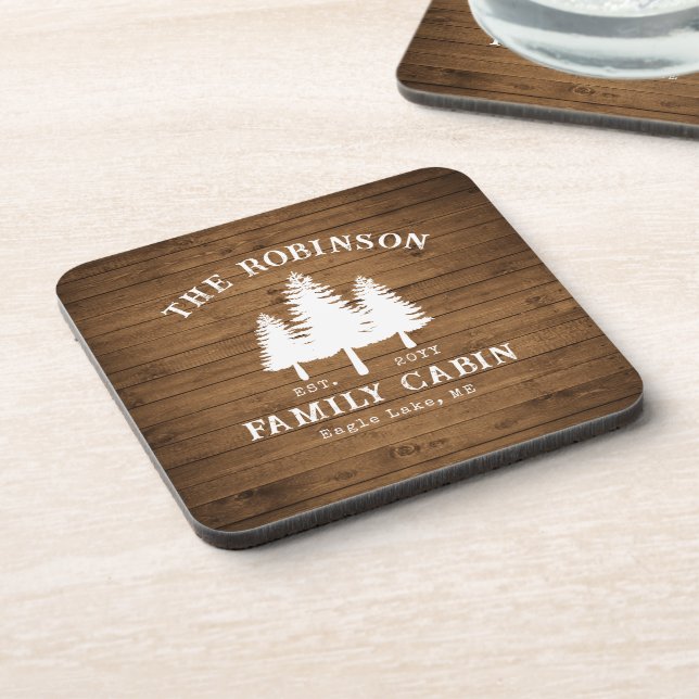 Rustic Country Family Cabin Trees Wood Plank Print Coaster (Left Side)