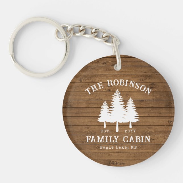 Rustic Country Family Cabin Trees Wood Plank Print Key Ring (Front)