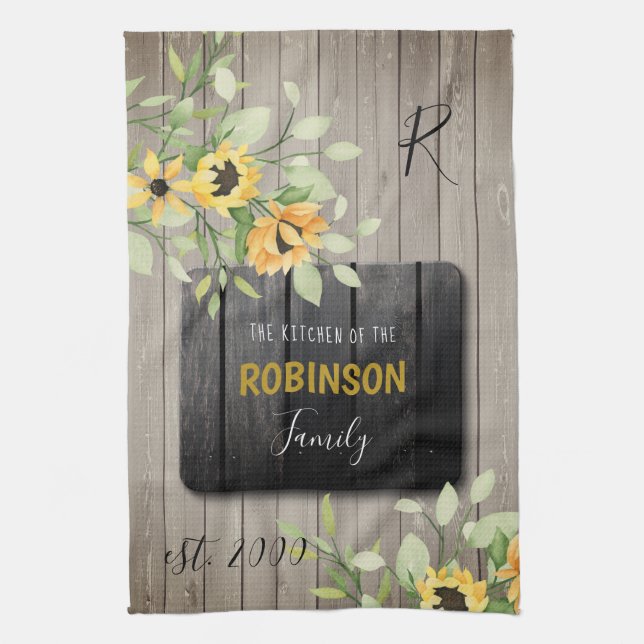 Rustic country family monogram name personalised tea towel (Vertical)