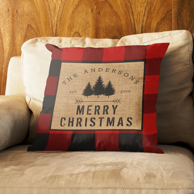 Rustic Country Family Name Merry Christmas Plaid Cushion (Creator Uploaded)