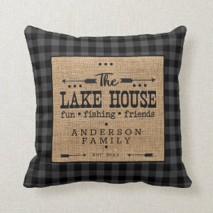 Rustic Country Family Name Plaid Lake House Throw Cushion