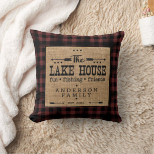 Rustic Country Family Name Plaid Lake House  Throw Cushion