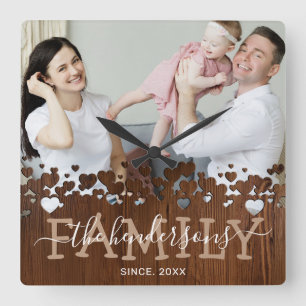 Rustic Country Family Photo Square Wall Clock